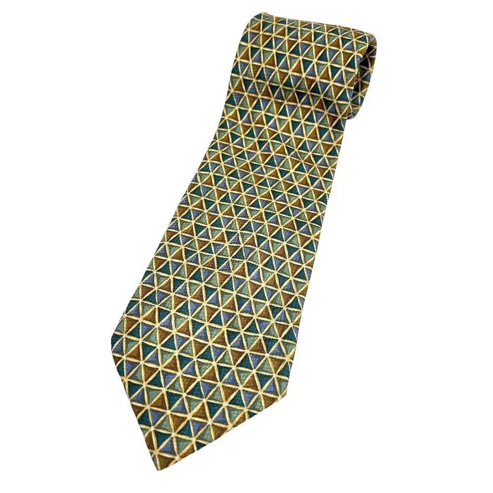 Vintage Valentino Cravatte Necktie Men's Gold Blue Geometric Silk Italy 1990s
